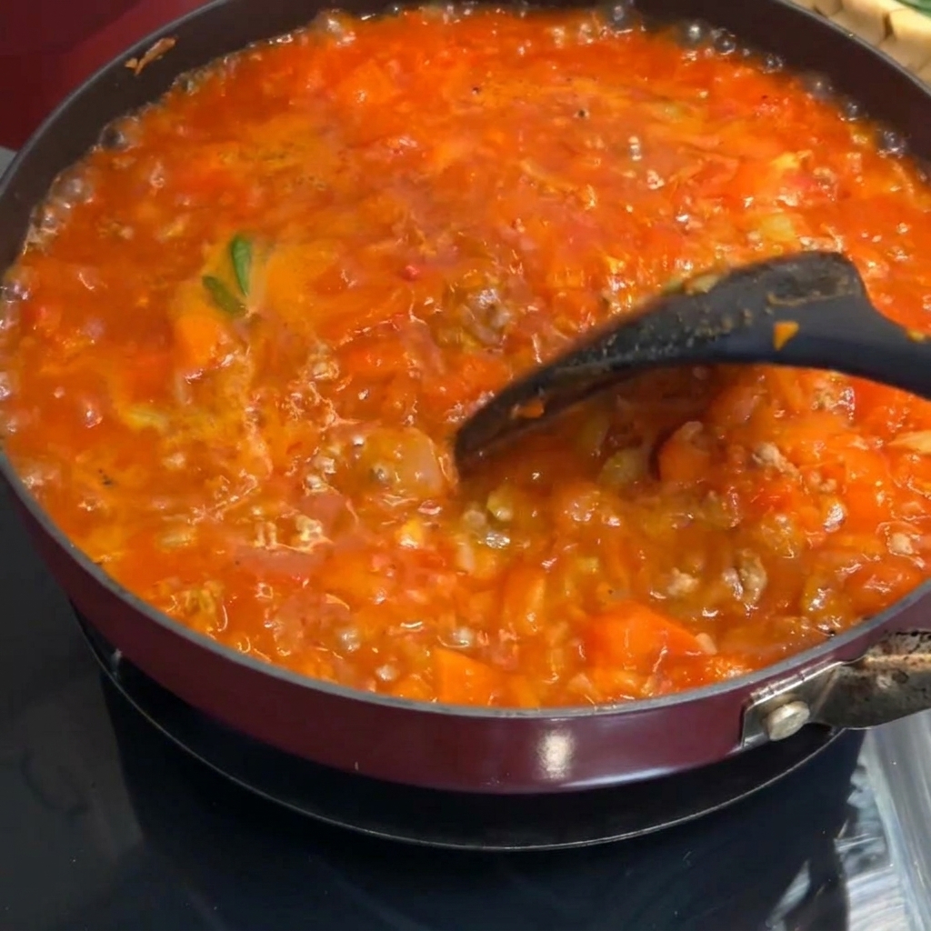 Sugo di carne denso e gorgogliante mescolato in padella.