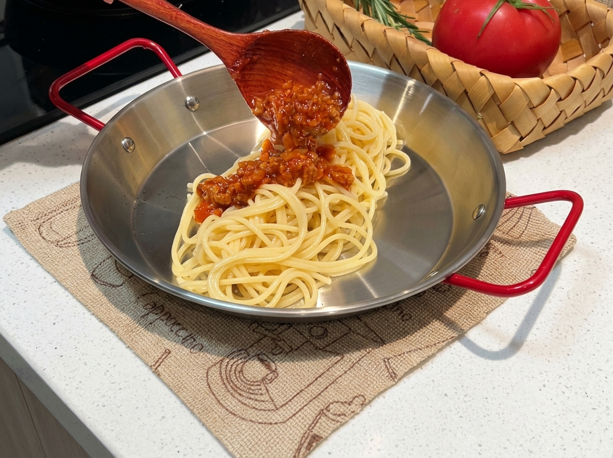 Spaghetti cotti con sopra cucchiai di sugo di carne denso e ricco.