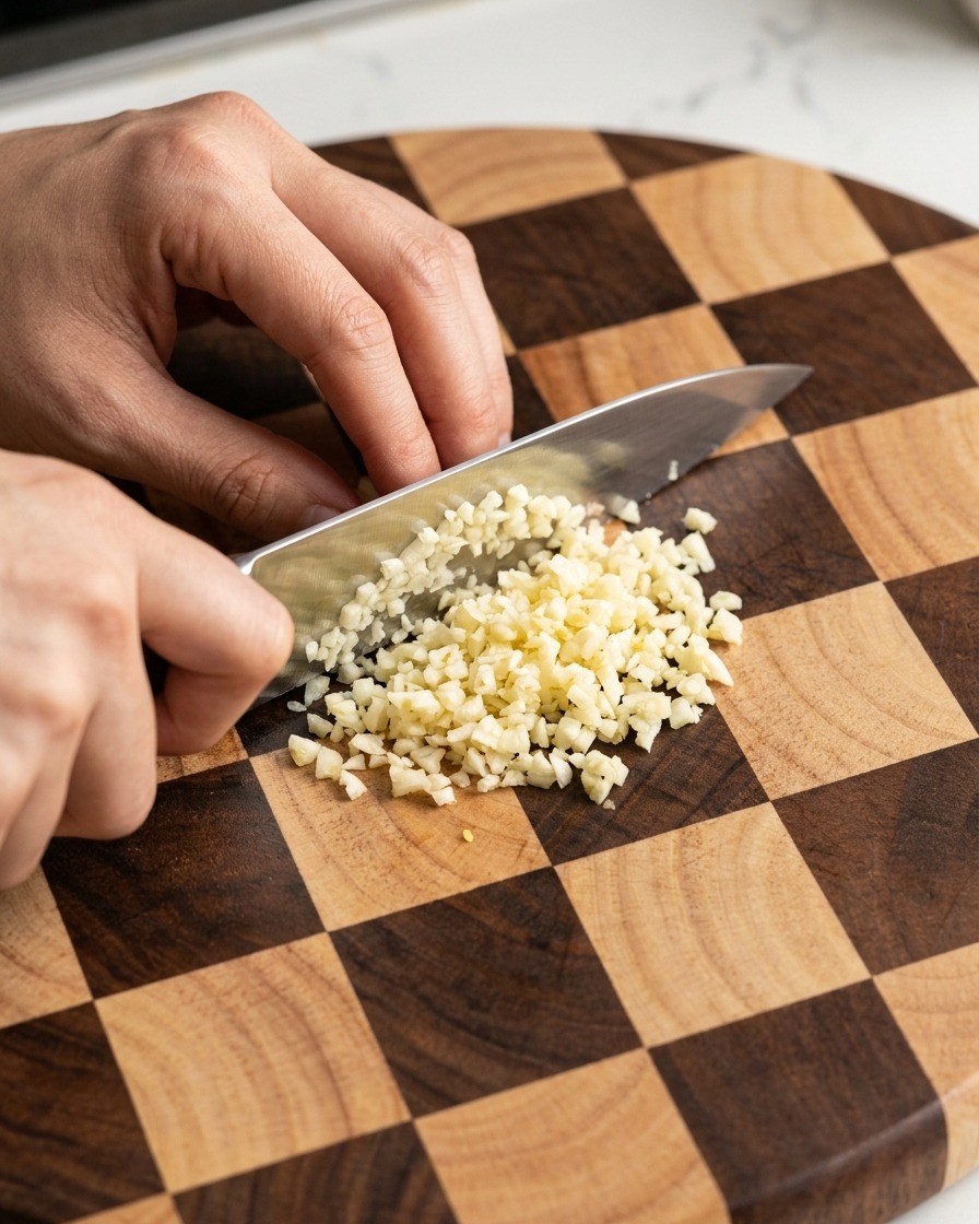 Mucchietto di aglio fresco finemente tritato su un tagliere.