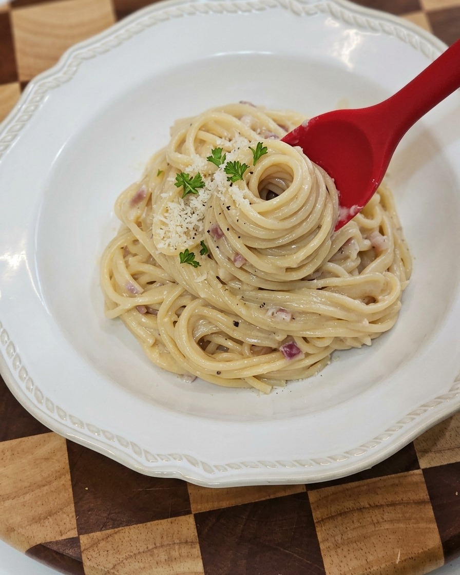 Spaghetti avvolti con le pinze e posizionati in un piatto fondo bianco.