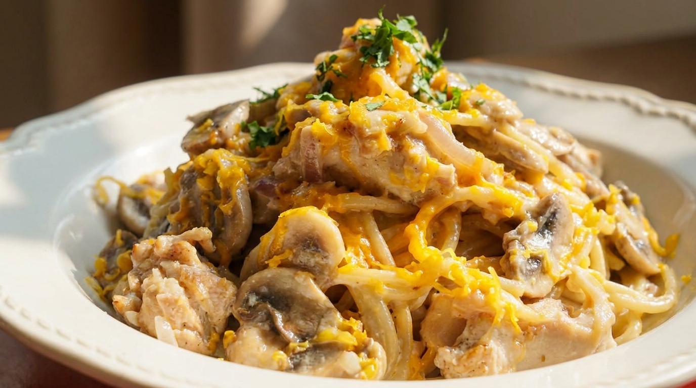 Pasta Cremosa con Pollo e Funghi all'Aglio