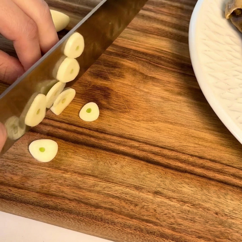 Spicchi daglio fresco affettati sottilmente a rondelle su un tagliere di legno.