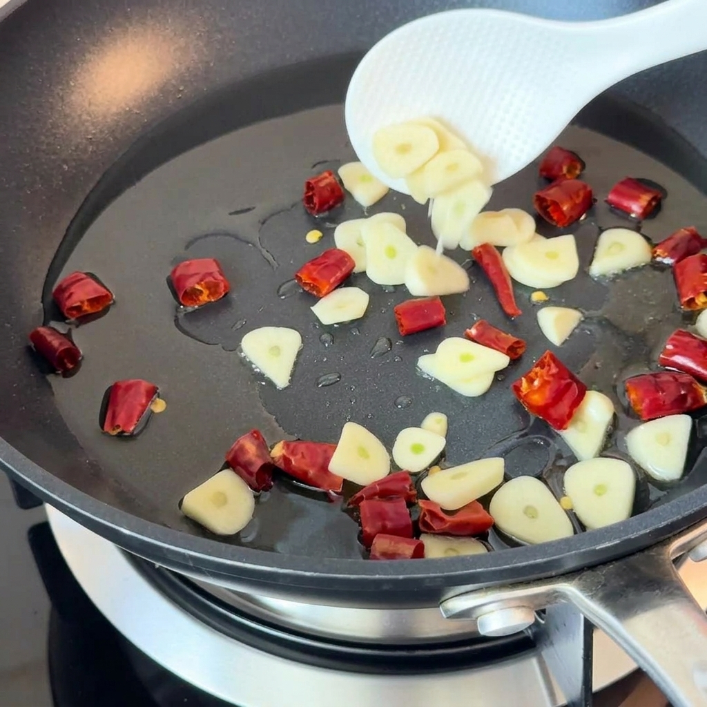 Aglio affettato e peperoncino che soffriggono nellolio caldo in padella.