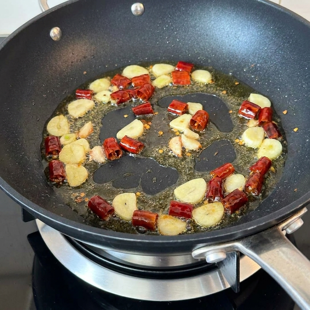 Funghi tritati che saltano in padella con aglio e peperoncino.