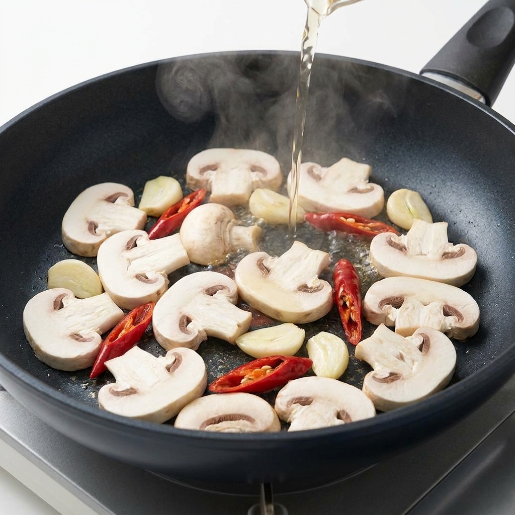 Vino bianco versato dallalto in una padella con funghi, aglio e peperoncino.