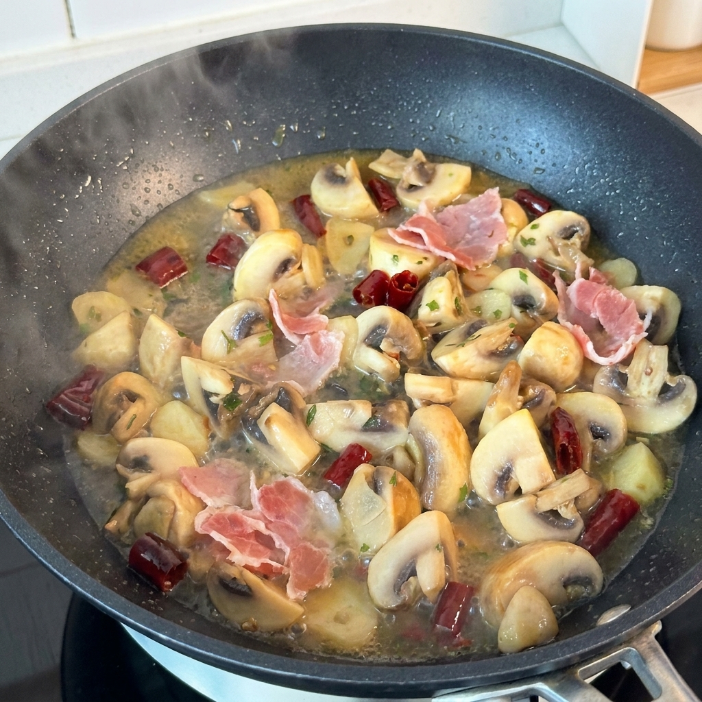 Pezzi di prosciutto crudo in una padella calda con i funghi e la salsa al burro.