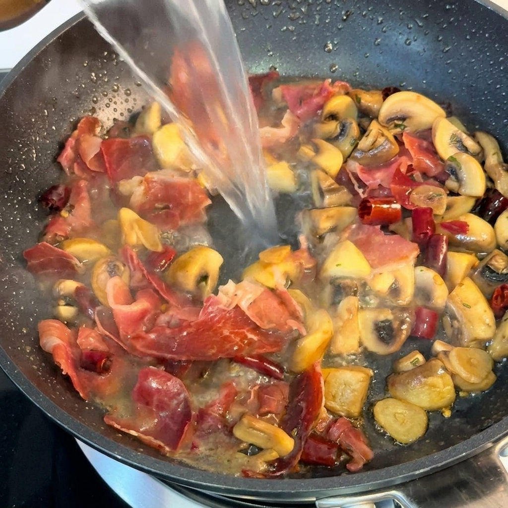 Un mestolo di acqua di cottura della pasta versato in padella.