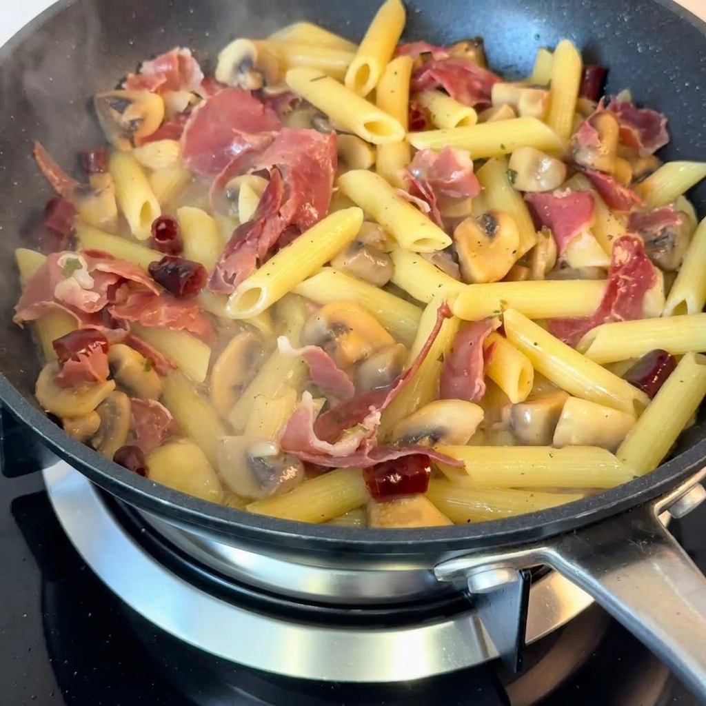 Primo piano della pasta in padella, guarnita con cipollotti tritati freschi.