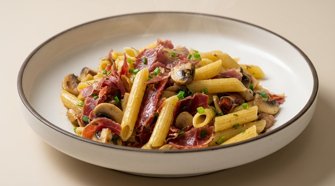 Penne con funghi, prosciutto e aglio