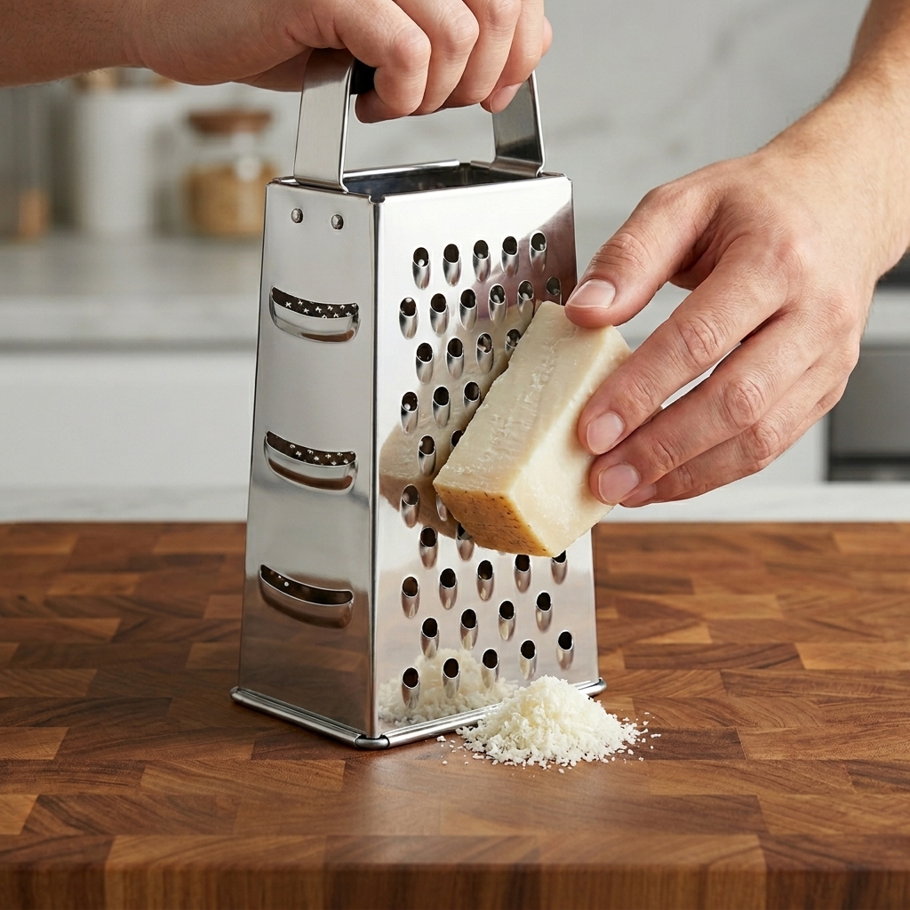Mano che grattugia un blocco di Pecorino Romano con una grattugia a mano.