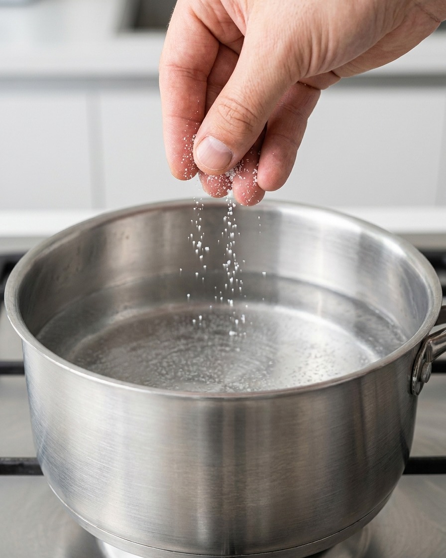 Strati di spaghetti che vengono immersi in una pentola dacqua bollente.