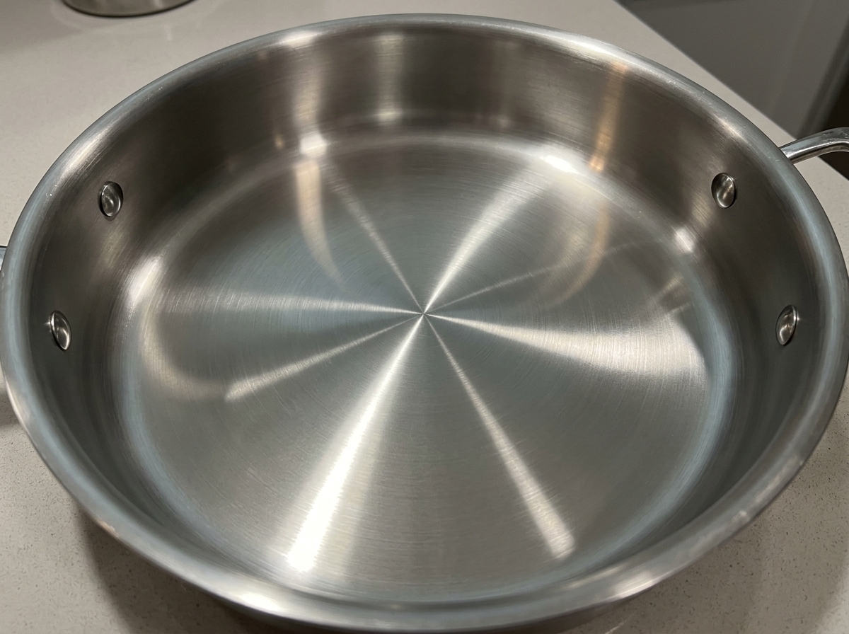 Una padella dacciaio con acqua di cottura e pepe che sobbollono.