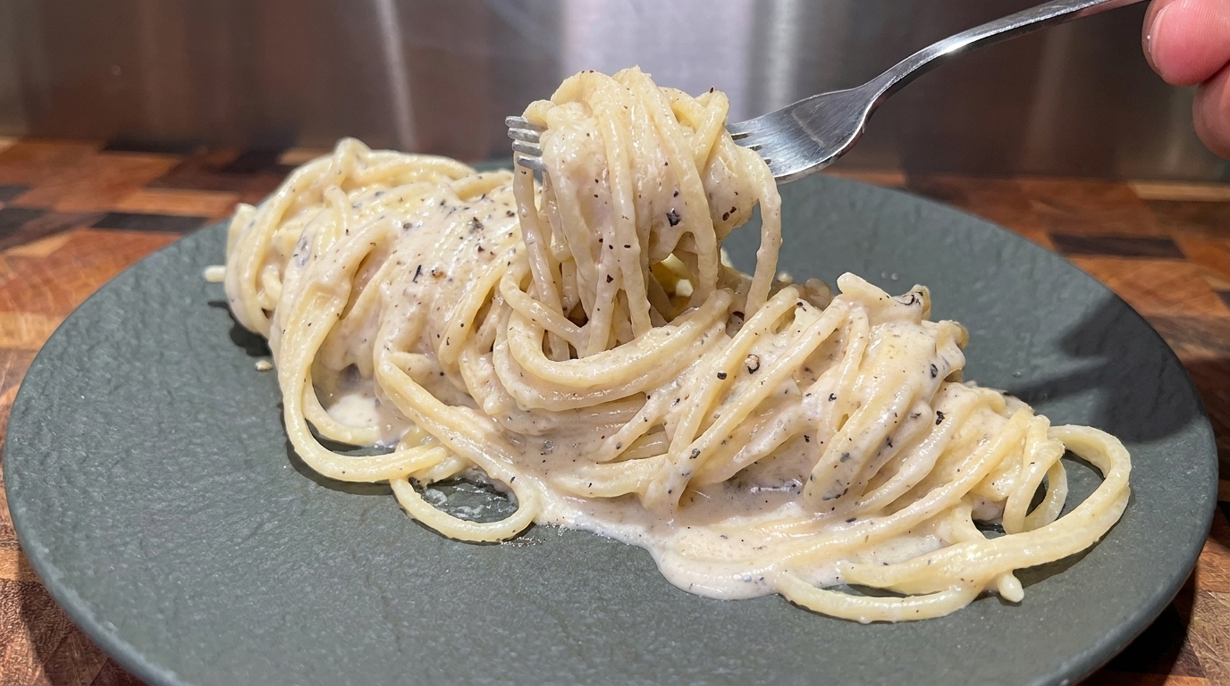 Un groviglio di Cacio e Pepe perfettamente condito, che mette in risalto lemulsione cremosa di Pecorino Romano e pepe nero macinato.