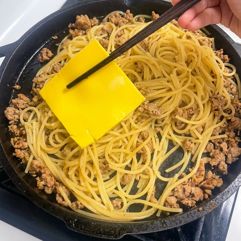 Una fetta di formaggio fuso adagiata sulla pasta calda in padella.