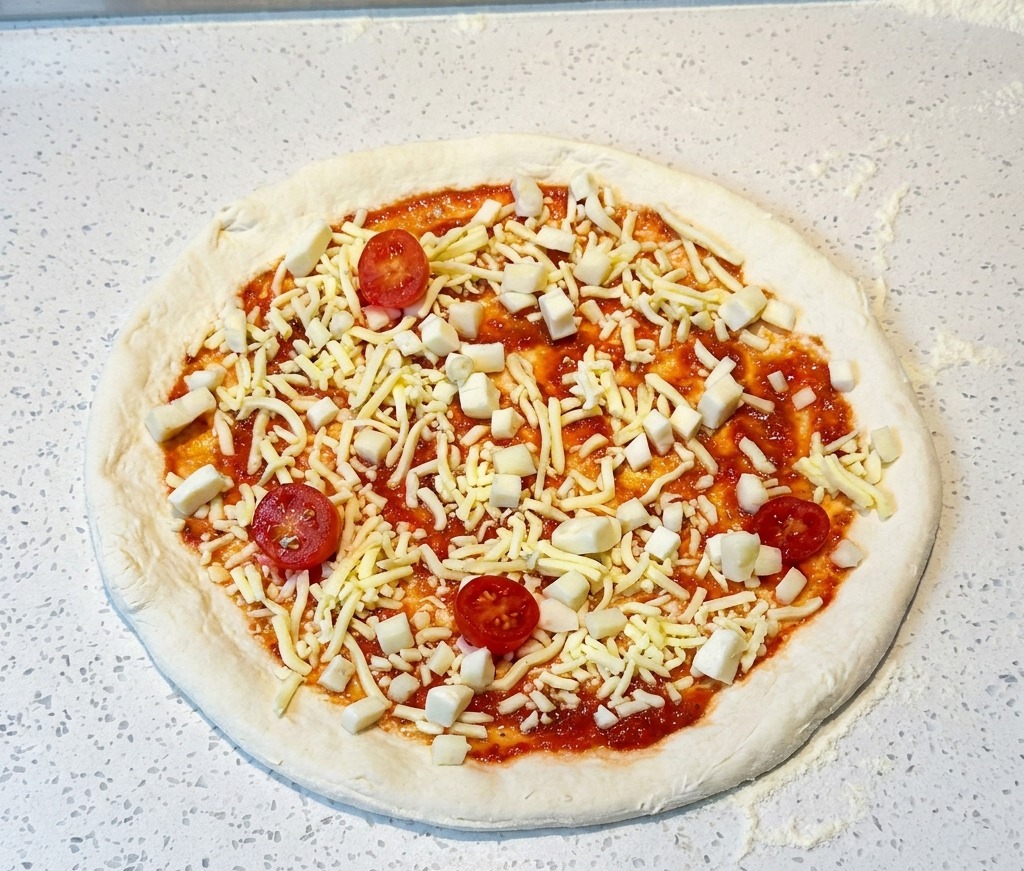 Pizza cruda guarnita con salsa, mozzarella e pomodorini tagliati.