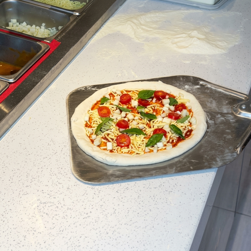 Una pizza Margherita assemblata su una pala pronta per essere infornata.