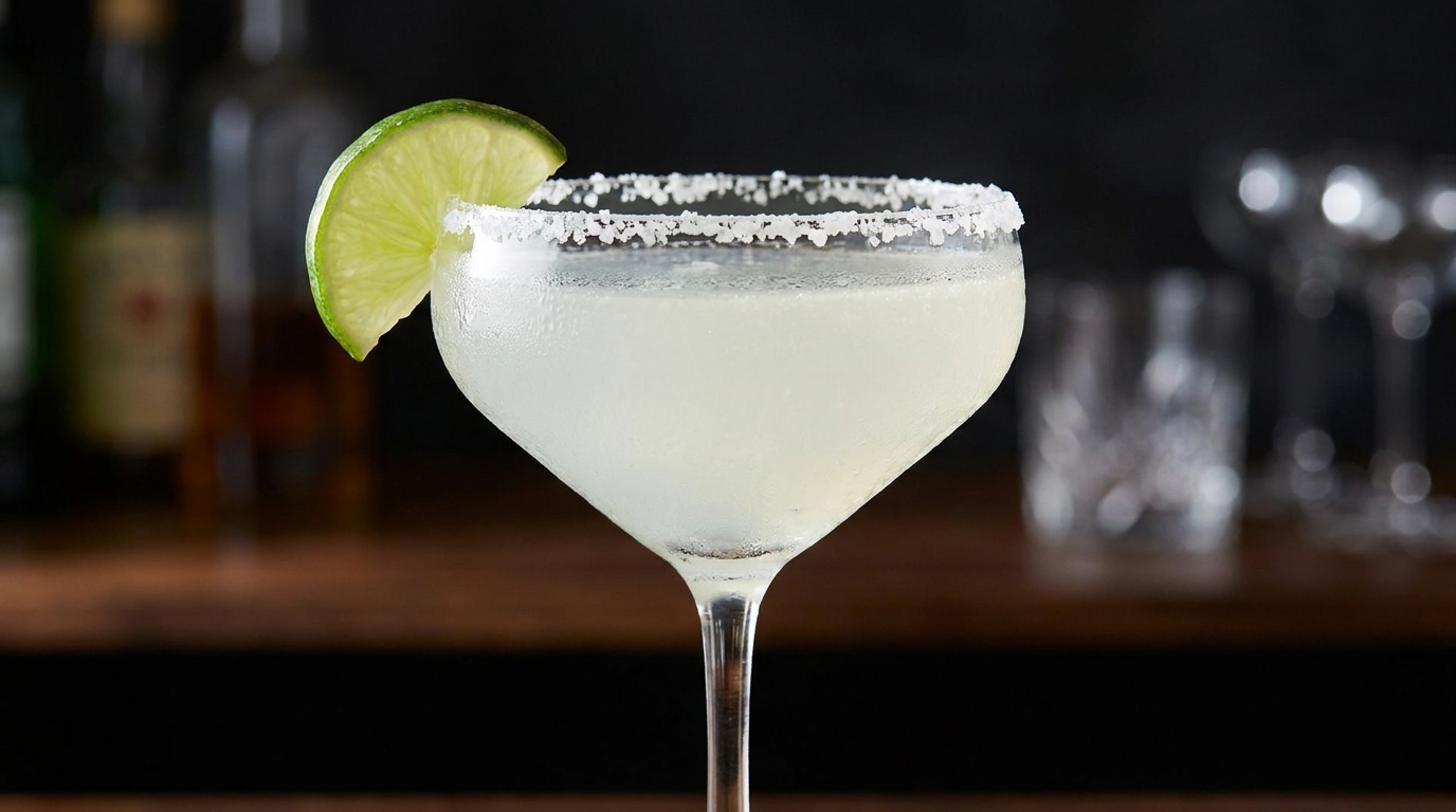 Un classico cocktail Margarita in una coppa ghiacciata con bordo di sale e uno spicchio di lime fresco.