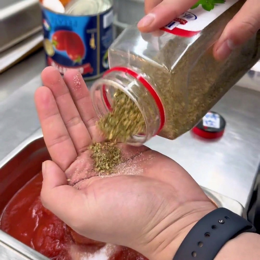 Origano secco spolverato dal palmo di una mano nella salsa di pomodoro.
