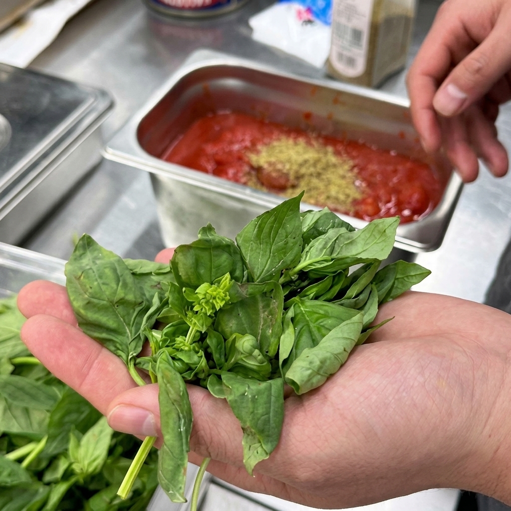 Foglie di basilico fresco verde inserite nel contenitore della salsa condita.