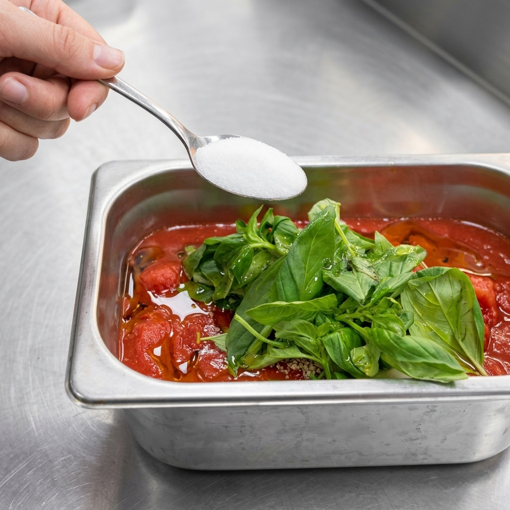 Un cucchiaio di zucchero bianco aggiunto alla salsa di pomodoro.