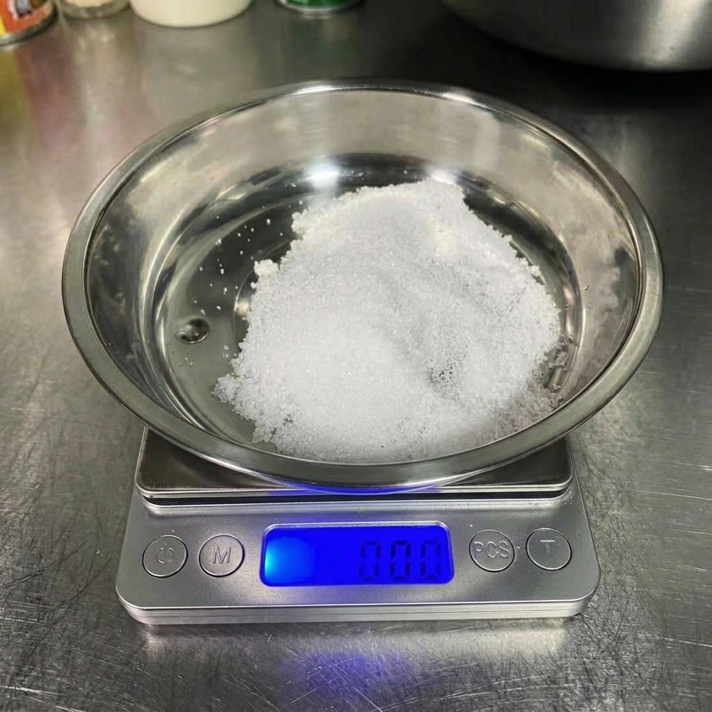 Sale marino in un piccolo contenitore metallico su una bilancia.