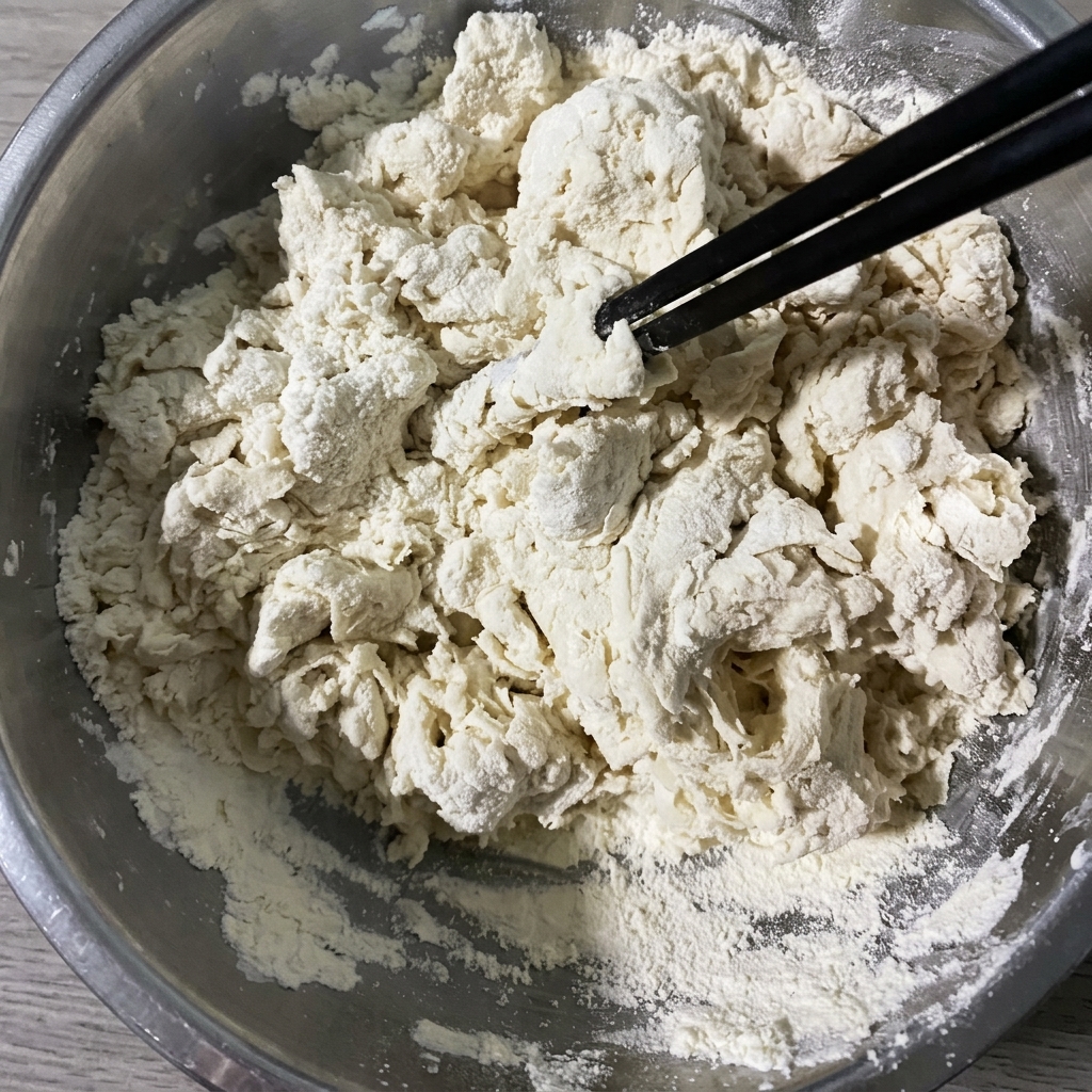 Impasto grezzo e grumoso in una ciotola dacciaio.