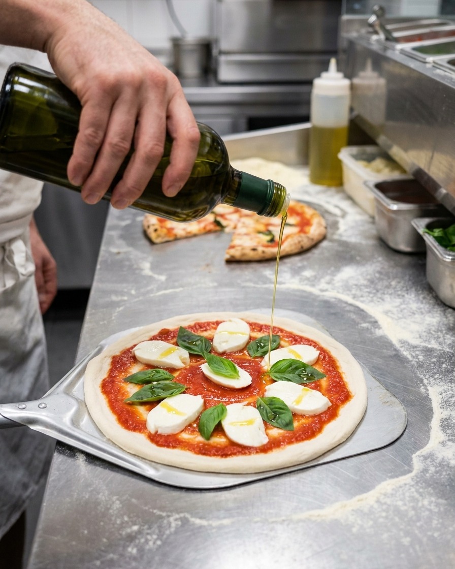 Un filo dolio extravergine doliva versato sulla pizza.
