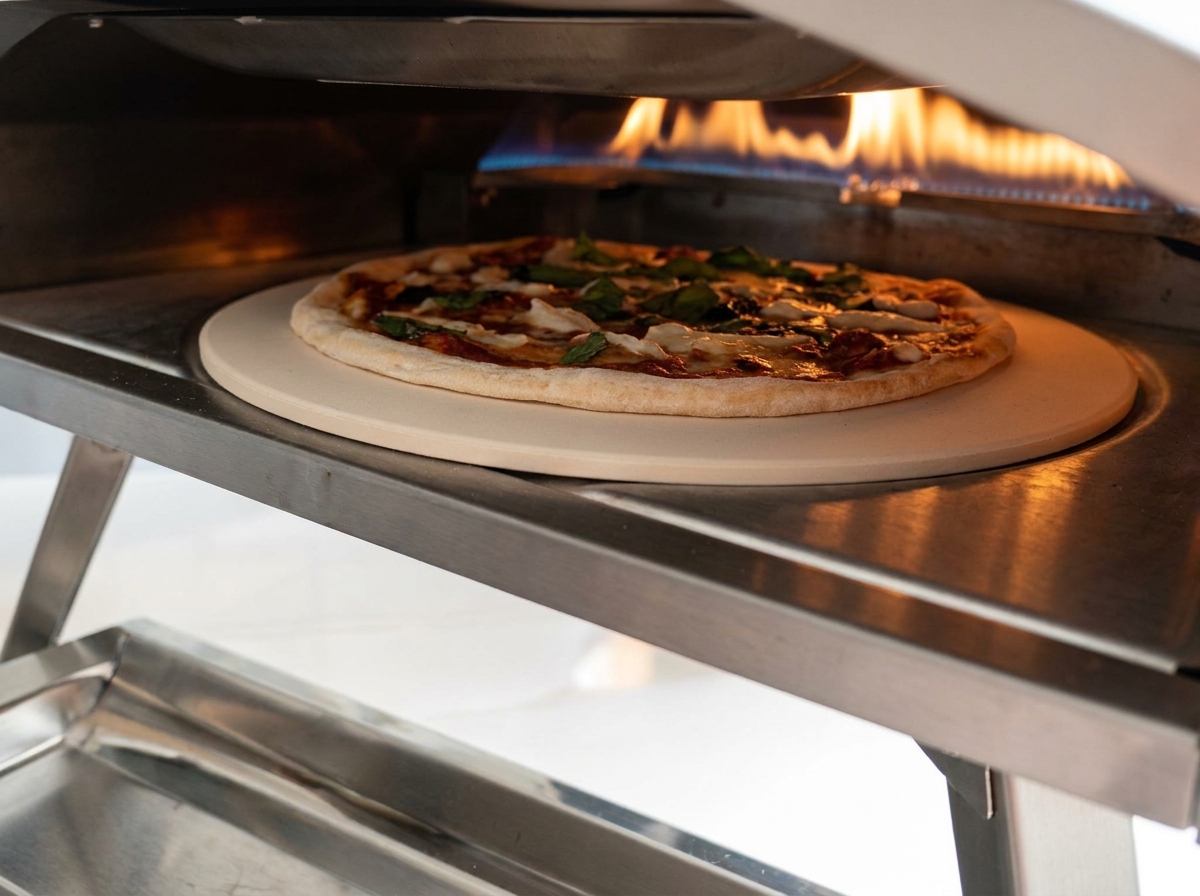 Pizza che entra in un forno professionale ardente.
