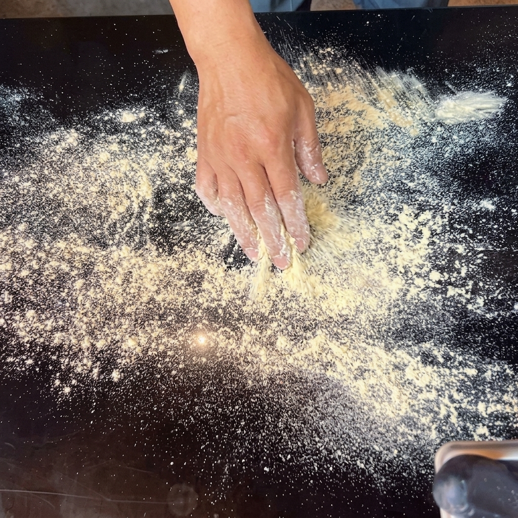 Mani che stendono una pallina di impasto per pizza su una superficie infarinata dandole una forma rotonda.