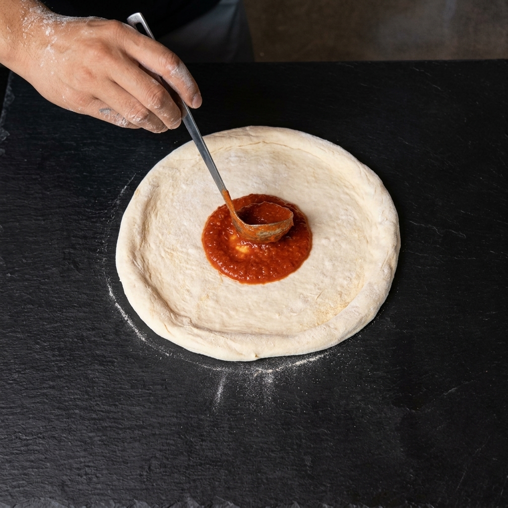 Un cucchiaio stende la salsa di pomodoro rossa sullimpasto della pizza steso.