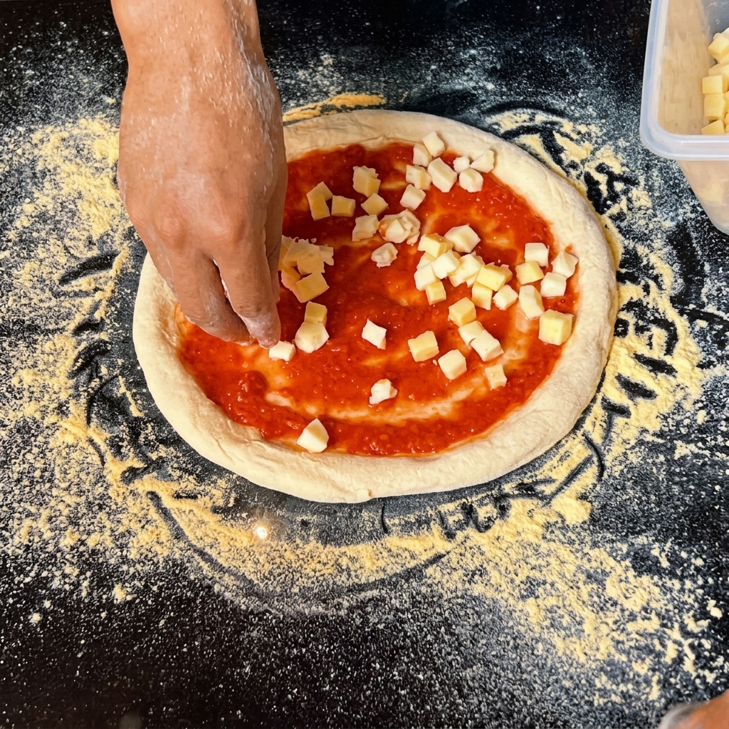 Piccoli cubetti di mozzarella vengono cosparsi sullo strato di salsa di pomodoro della pizza.