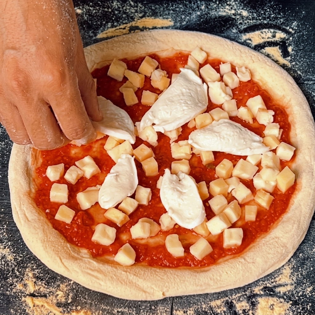 Pezzi di mozzarella di bufala e foglie verdi di basilico fresco vengono posizionati sulla pizza.