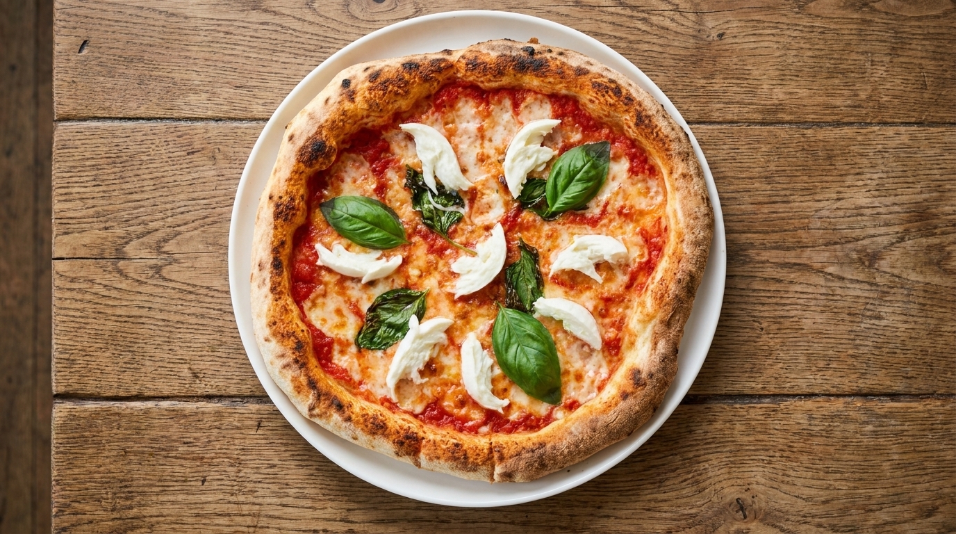 Una pizza Margherita appena sfornata con mozzarella filante, basilico fresco e pezzetti di bufala su una crosta croccante.