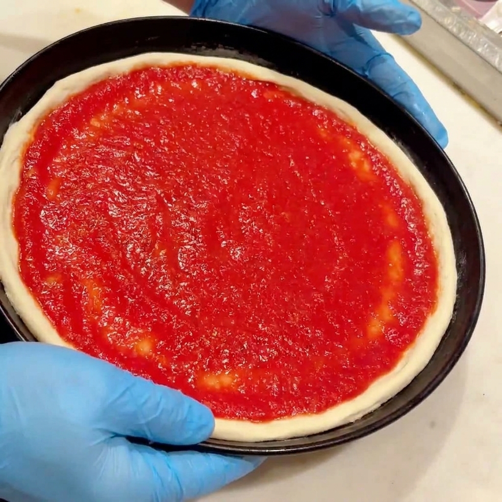 Salsa di pomodoro rosso vivo stesa uniformemente sulla superficie dellimpasto crudo per pizza.