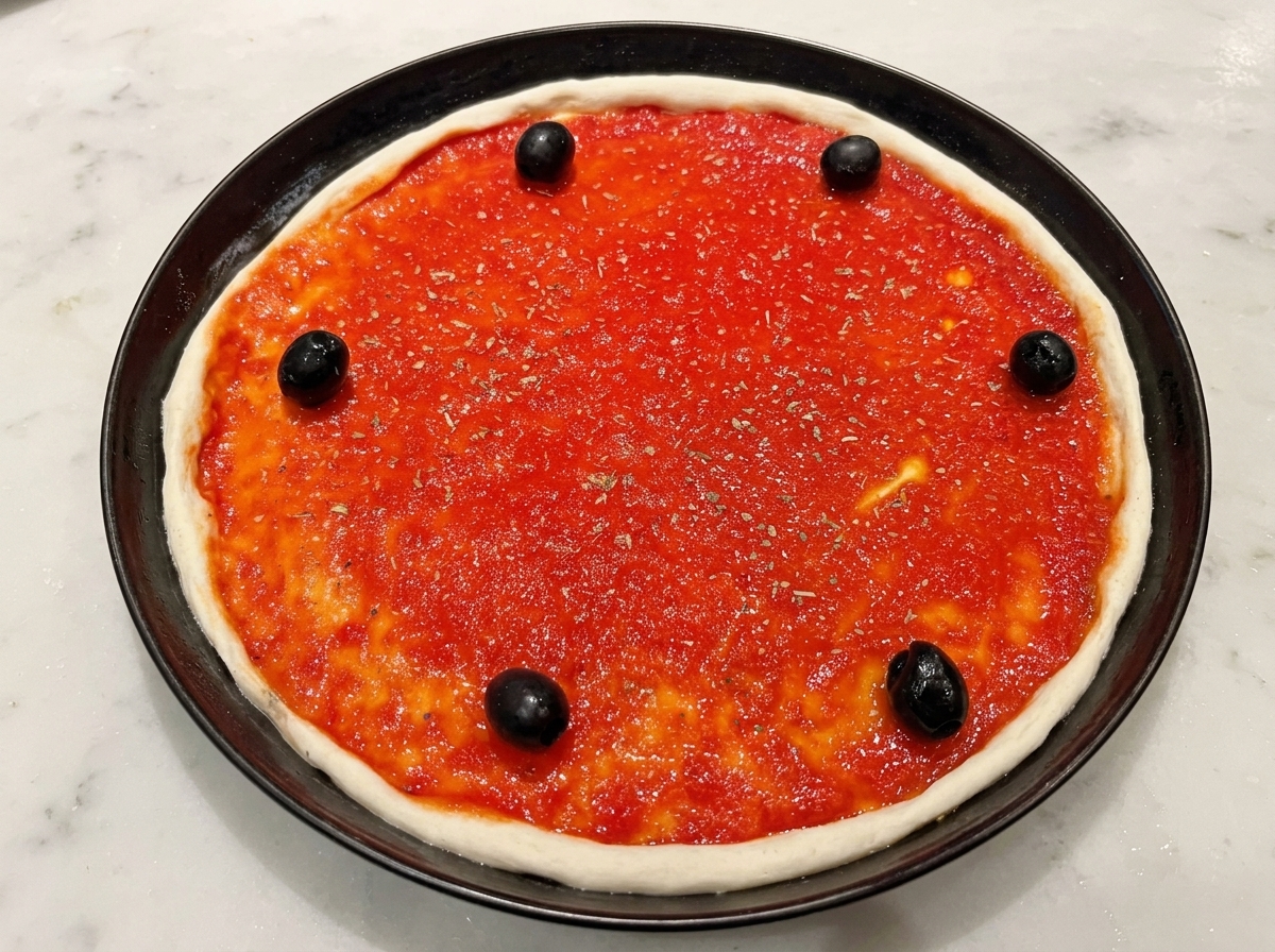 Olive nere posizionate sopra la salsa di pomodoro, con un filo dolio.