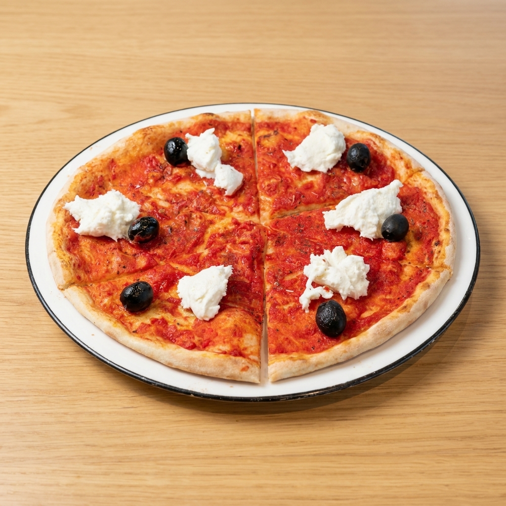 Una pizza appena sfornata condita con salsa di pomodoro, olive nere e grossi pezzi di mozzarella di bufala fresca bianca.