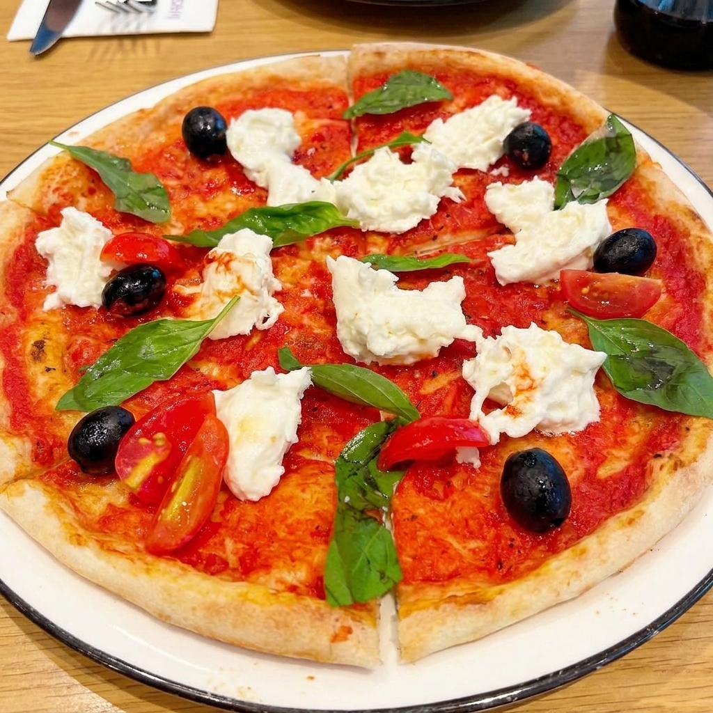 Una pizza cotta guarnita con pezzi di mozzarella fresca, foglie di basilico verde, olive nere e pomodorini tagliati a metà.