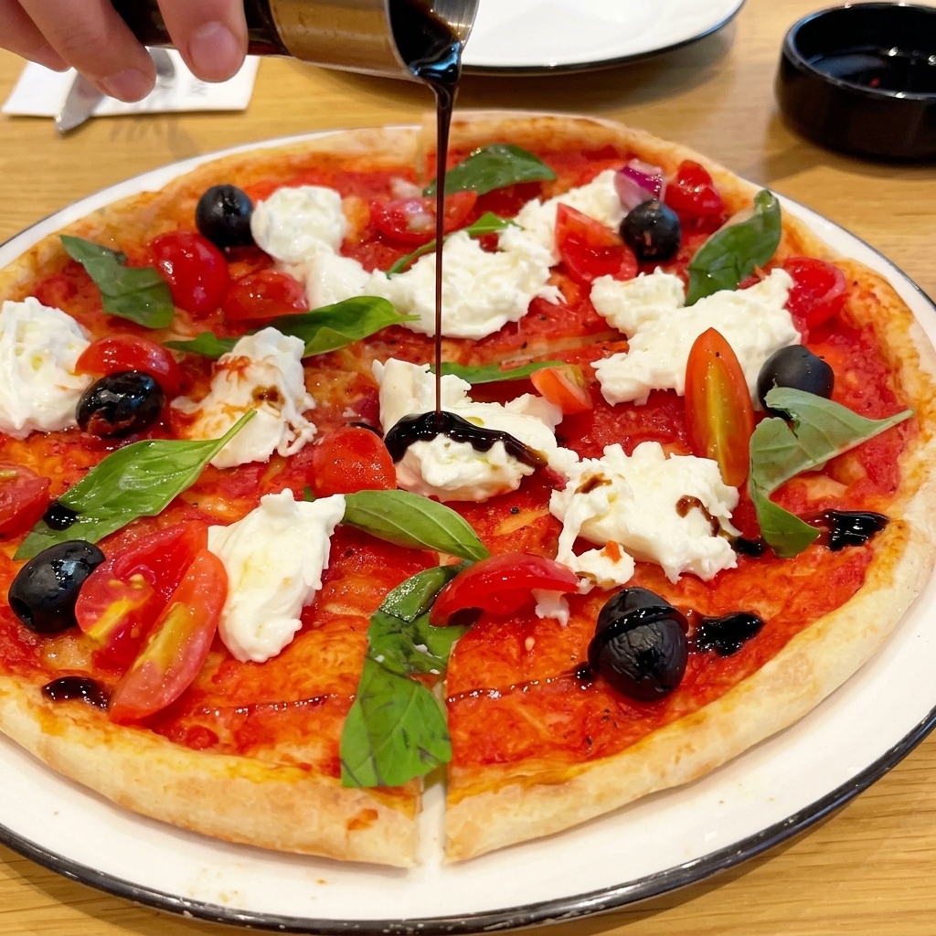 Glassa balsamica scura versata da un dosatore di metallo su una pizza calda guarnita con mozzarella fresca, basilico e pomodorini.