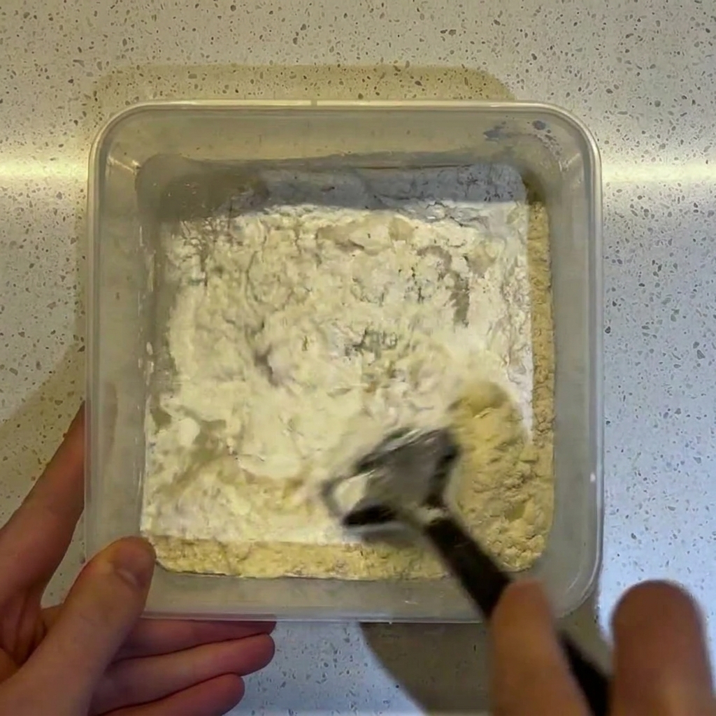 Una spatola nera che mescola un impasto umido e appiccicoso allinterno di un contenitore quadrato trasparente.