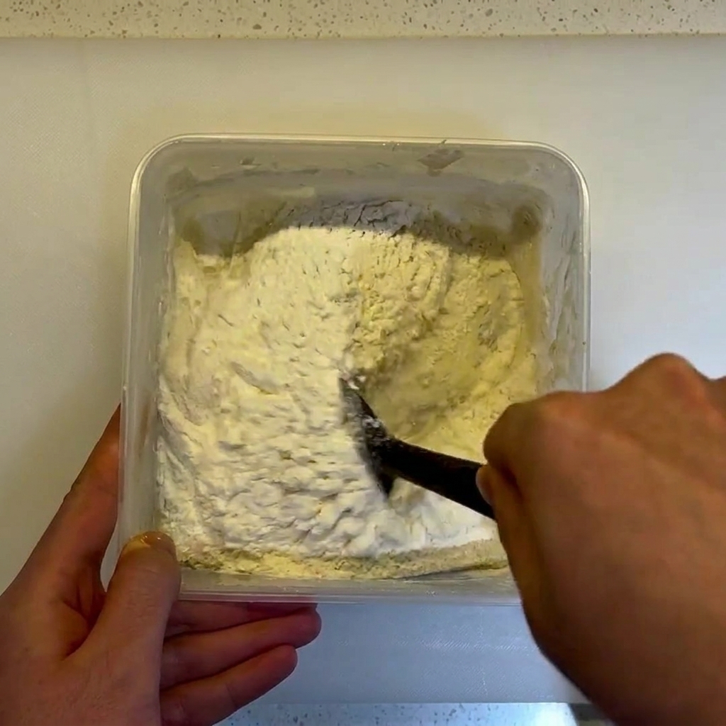 Una spatola nera che mescola un composto denso allinterno di un contenitore quadrato, assicurandosi che non rimanga farina secca.