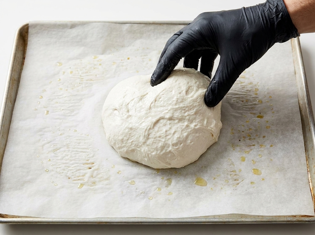 Una mano con guanto nero che posiziona una pallina di impasto liscia su una teglia rivestita di carta forno spruzzata dolio.