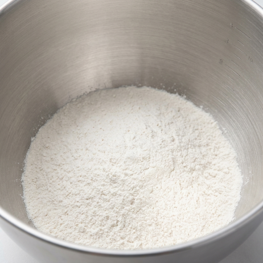 Ingredienti secchi e farina allinterno di unampia ciotola, pronti per essere impastati.