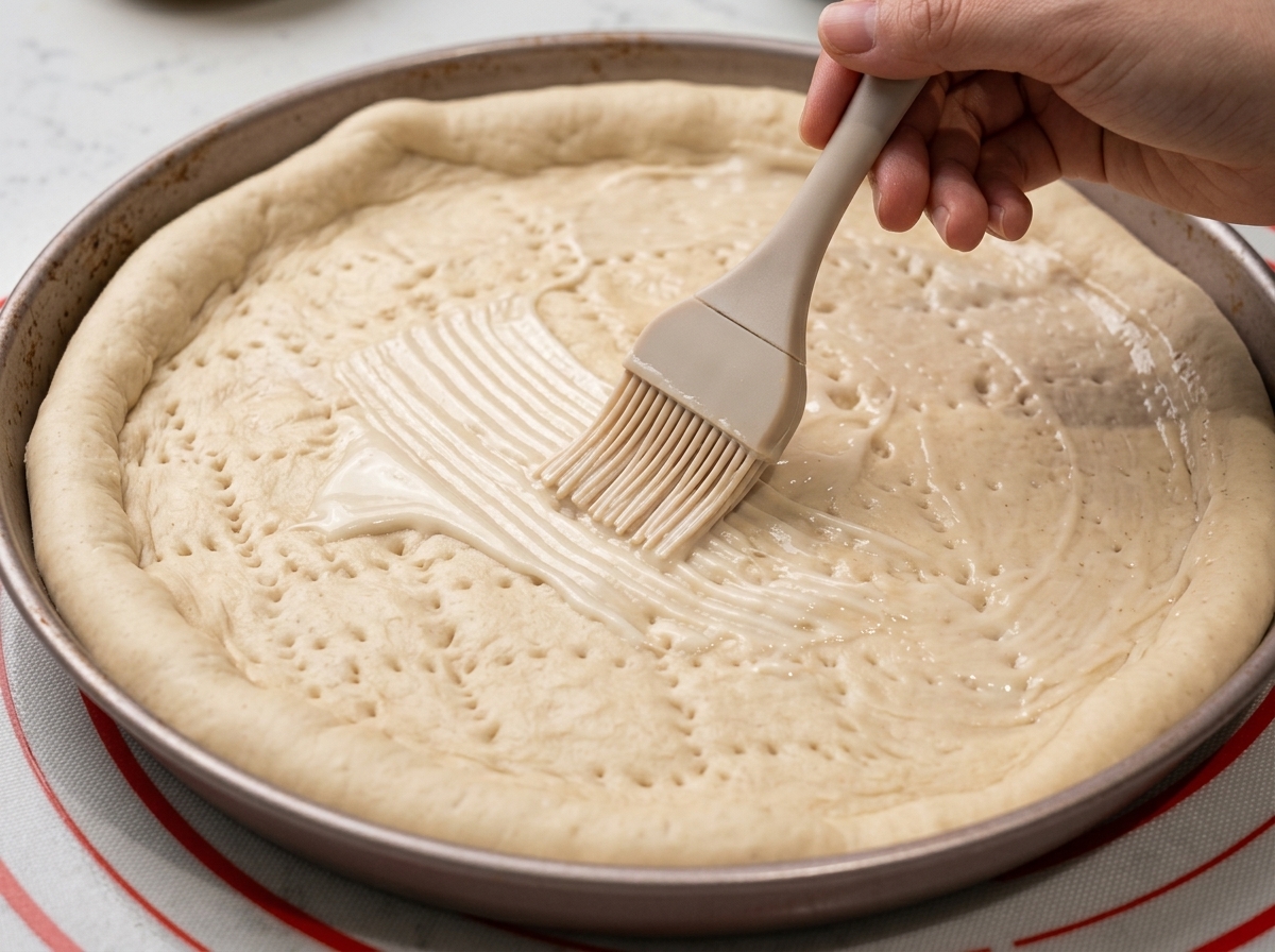 Una mano usa un pennello in silicone per stendere uniformemente una salsa bianca cremosa sulla base della pizza in una teglia rotonda.