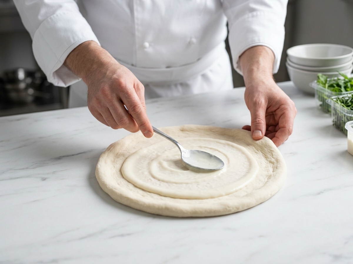 Un cucchiaio di metallo che spalma della salsa bianca e cremosa su una base rotonda di impasto per pizza.