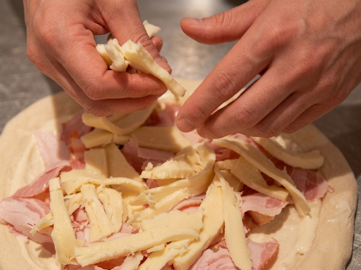 Strisce di formaggio sparse sopra i condimenti di pancetta e patate su una pizza.