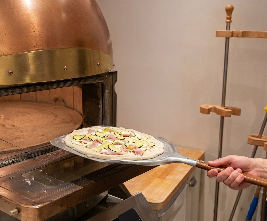Una pizza cruda farcita fatta scivolare sulla pietra calda di un forno per pizza usando una pala di metallo.