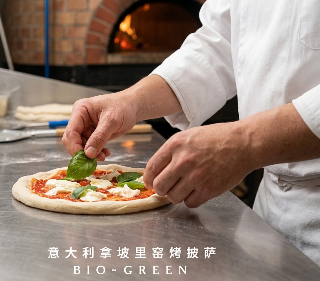 Vista ravvicinata delle mani di uno chef che posizionano foglie di basilico fresco su una pizza cotta.