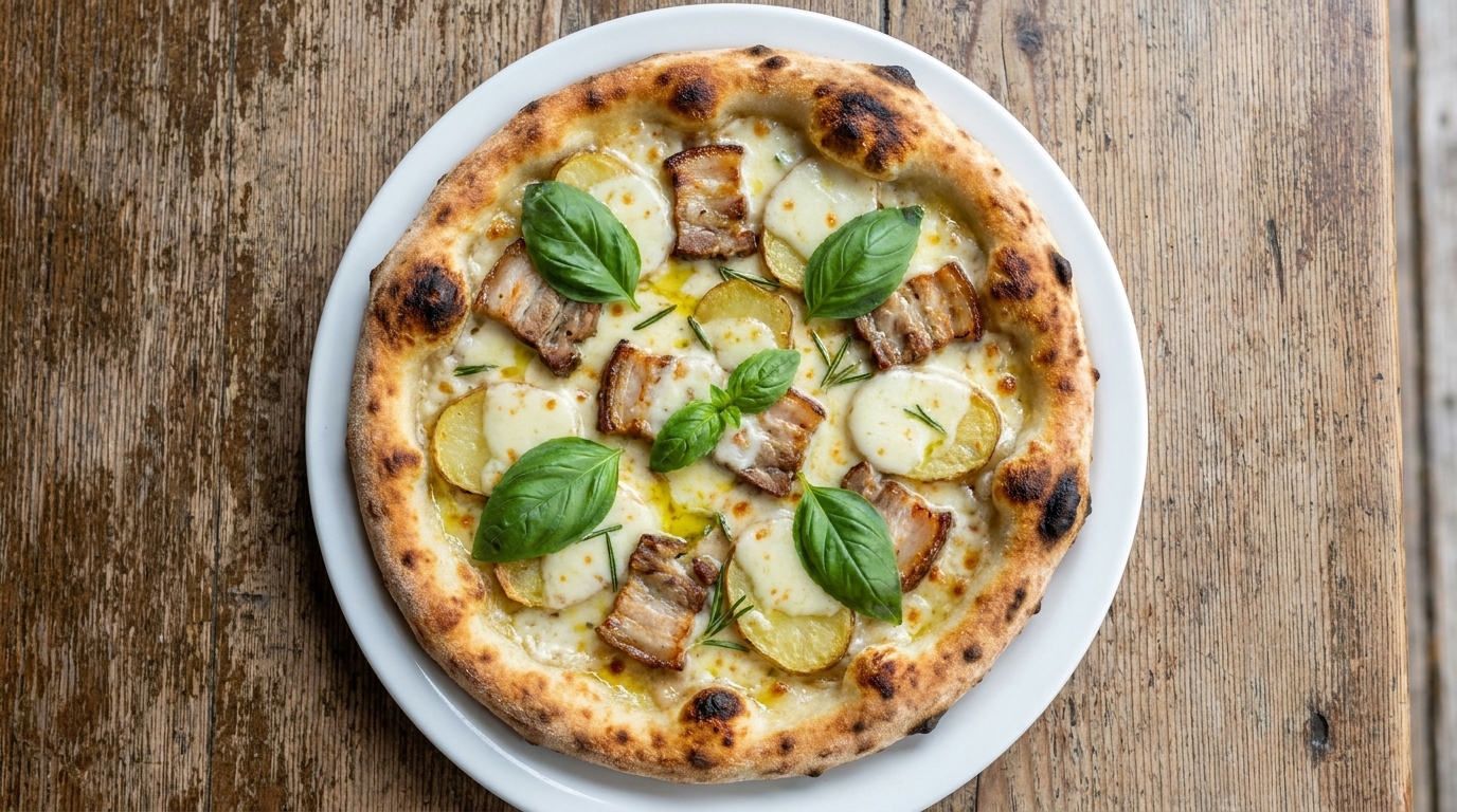 Una pizza appena sfornata con patate e pancetta, guarnita con foglie di basilico fresco.