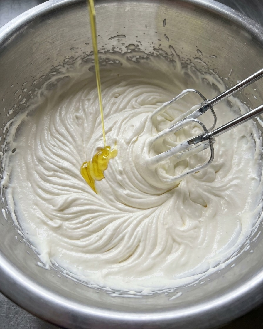 Olio versato a filo nellimpasto mentre viene lavorato.