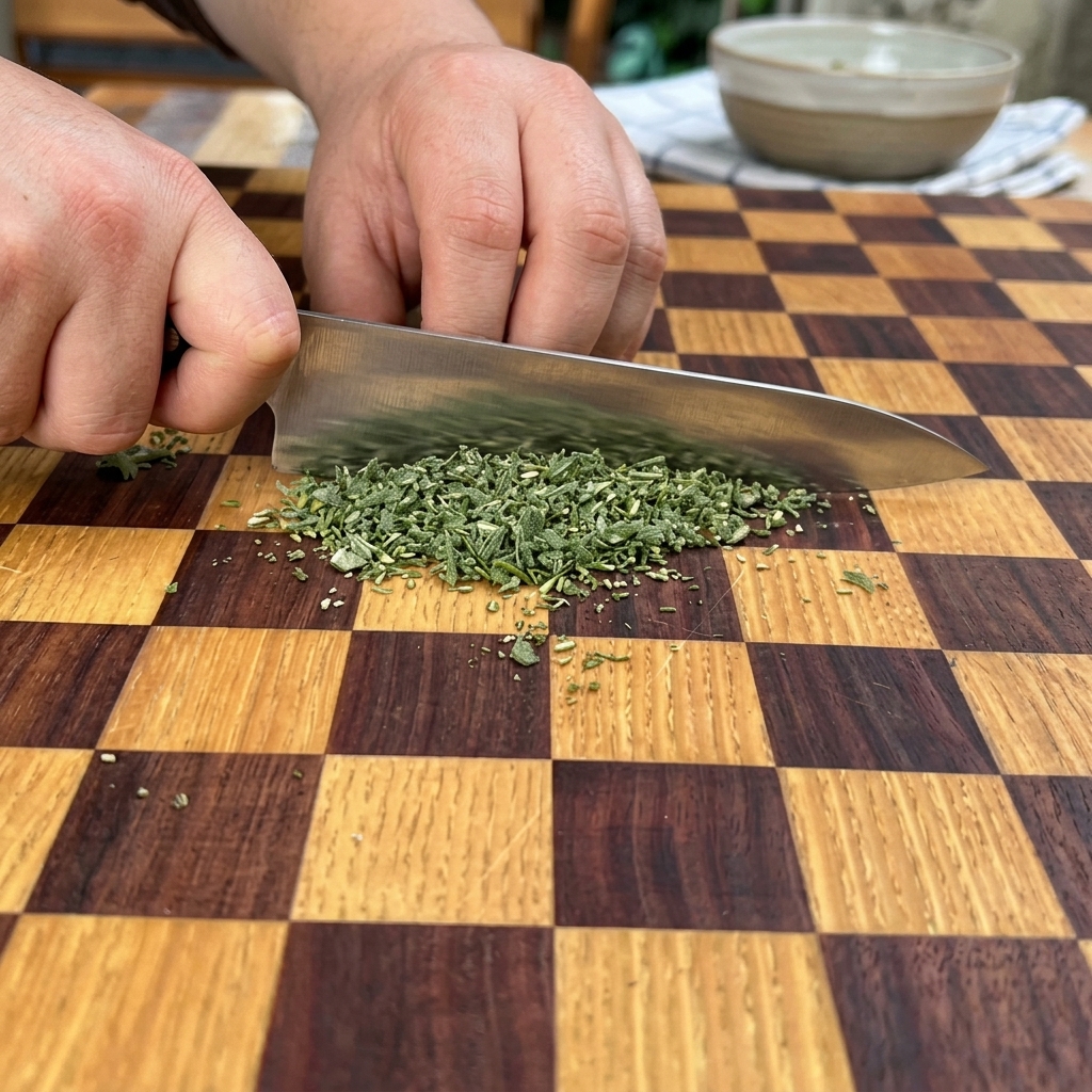 Erbe fresche tritate su un tagliere in legno.